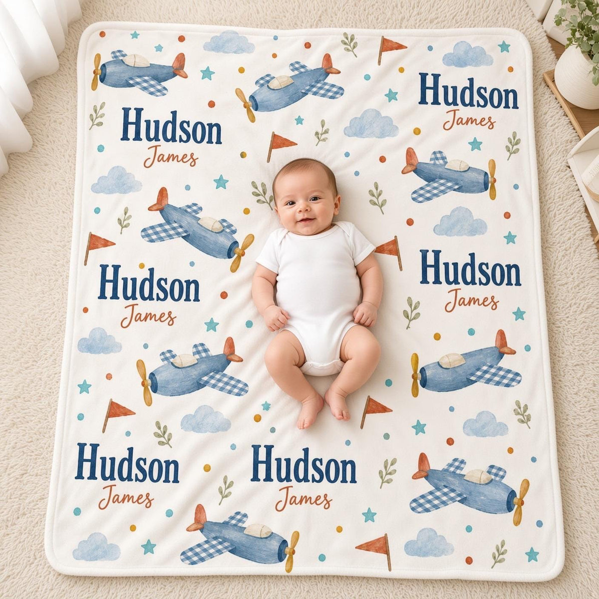 Personalized Airplane Baby Blanket, Custom Name Boy Blanket, Vintage Airplane Nursery Decor, Aviation Baby Gift, Personalized