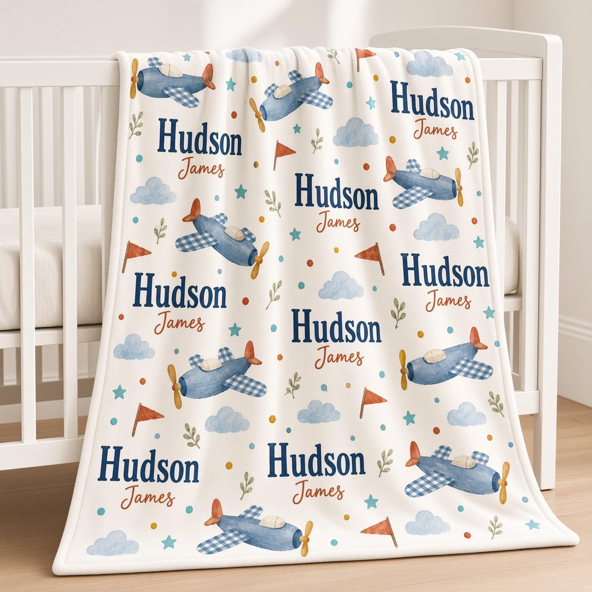 Personalized Airplane Baby Blanket, Custom Name Boy Blanket, Vintage Airplane Nursery Decor, Aviation Baby Gift, Personalized