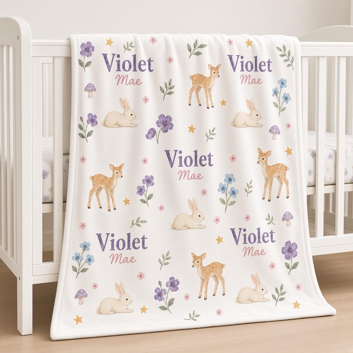Personalized Woodland Baby Girl Blanket, Custom Name Deer Bunny Blanket, Floral Nursery Blanket, Newborn Baby Gift, Baby Chri
