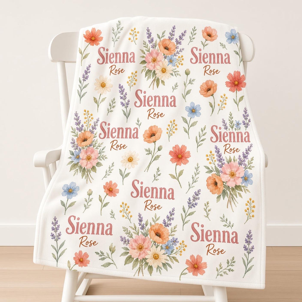 Personalized Baby Girl Blanket, Custom Name Wildflower Blanket, Floral Newborn Gift, Colorful Nursery Blanket, Baby Shower Gi