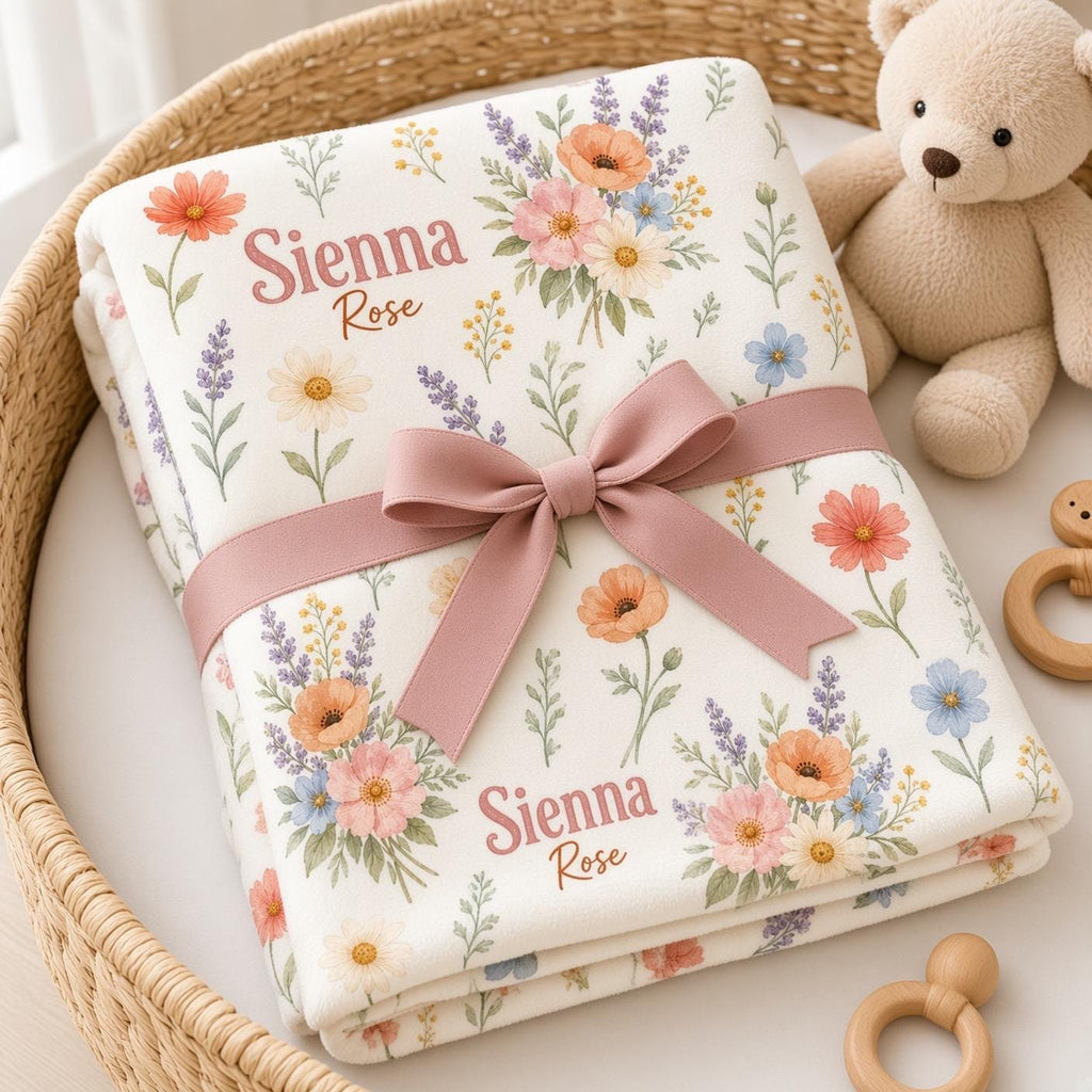 Personalized Baby Girl Blanket, Custom Name Wildflower Blanket, Floral Newborn Gift, Colorful Nursery Blanket, Baby Shower Gi