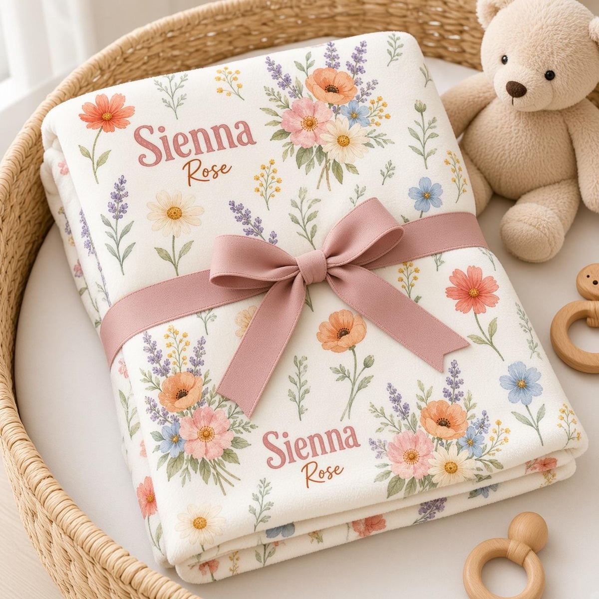 Personalized Baby Girl Blanket, Custom Name Wildflower Blanket, Floral Newborn Gift, Colorful Nursery Blanket, Baby Shower Gi