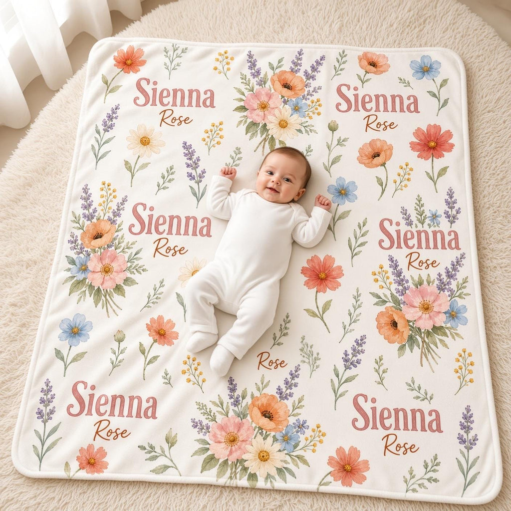 Personalized Baby Girl Blanket, Custom Name Wildflower Blanket, Floral Newborn Gift, Colorful Nursery Blanket, Baby Shower Gi