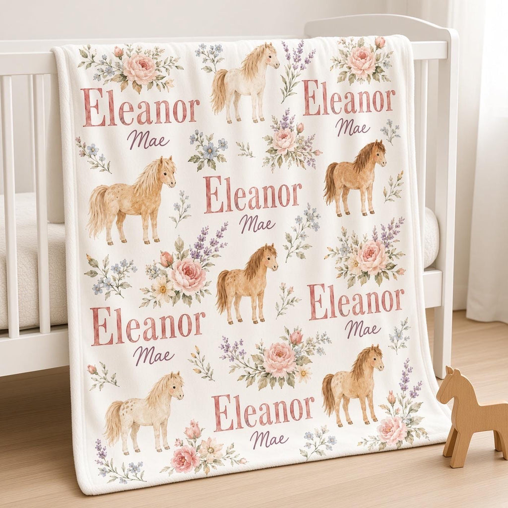 Personalized Horse Baby Blanket, Custom Name Floral Pony Blanket, Baby Girl Nursery Decor, Equestrian Newborn Baby Shower Gif