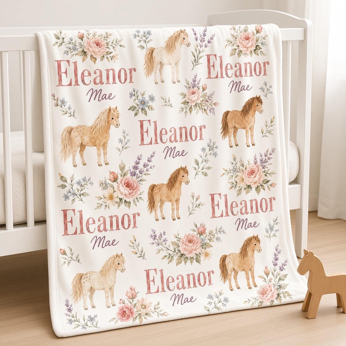 Personalized Horse Baby Blanket, Custom Name Floral Pony Blanket, Baby Girl Nursery Decor, Equestrian Newborn Baby Shower Gif
