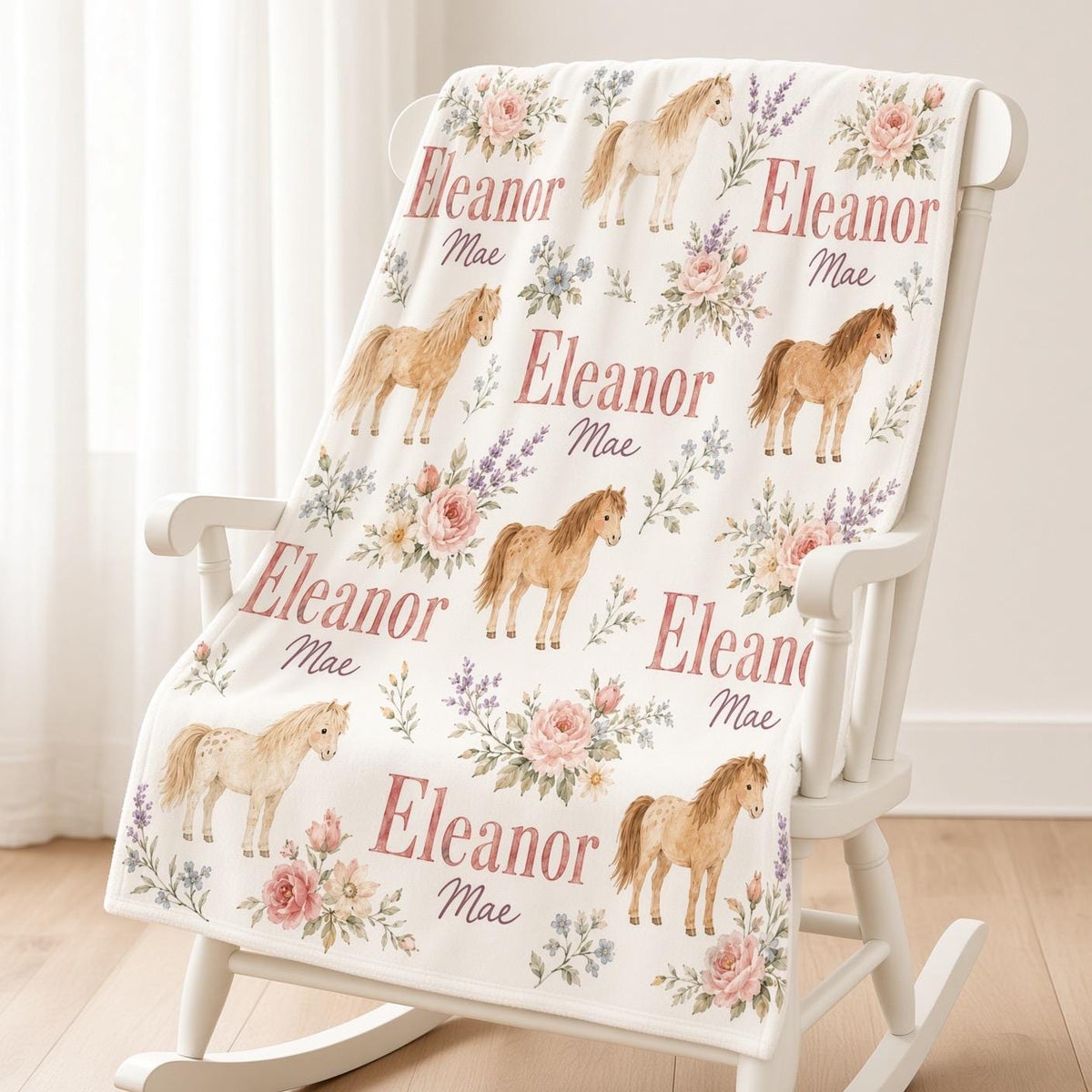 Personalized Horse Baby Blanket, Custom Name Floral Pony Blanket, Baby Girl Nursery Decor, Equestrian Newborn Baby Shower Gif