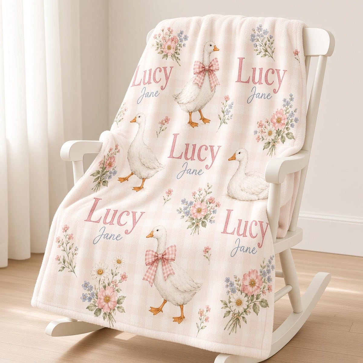 Personalized Goose Baby Blanket, Custom Name Girl Blanket, Pink Gingham Nursery Decor, Floral Newborn Baby Shower Gift