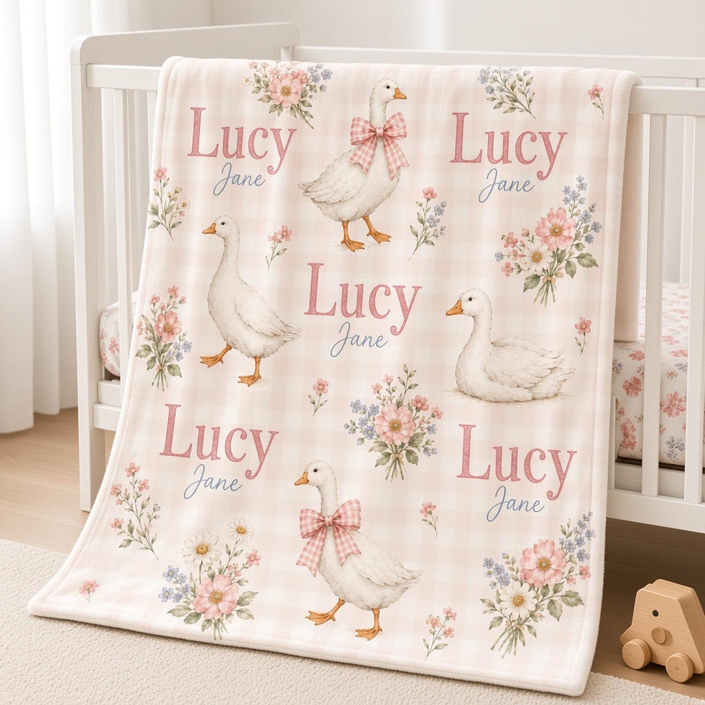 Personalized Goose Baby Blanket, Custom Name Girl Blanket, Pink Gingham Nursery Decor, Floral Newborn Baby Shower Gift