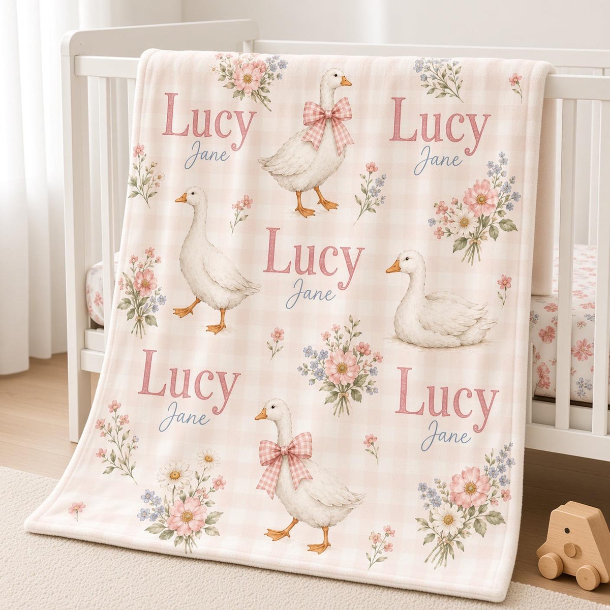 Personalized Goose Baby Blanket, Custom Name Girl Blanket, Pink Gingham Nursery Decor, Floral Newborn Baby Shower Gift