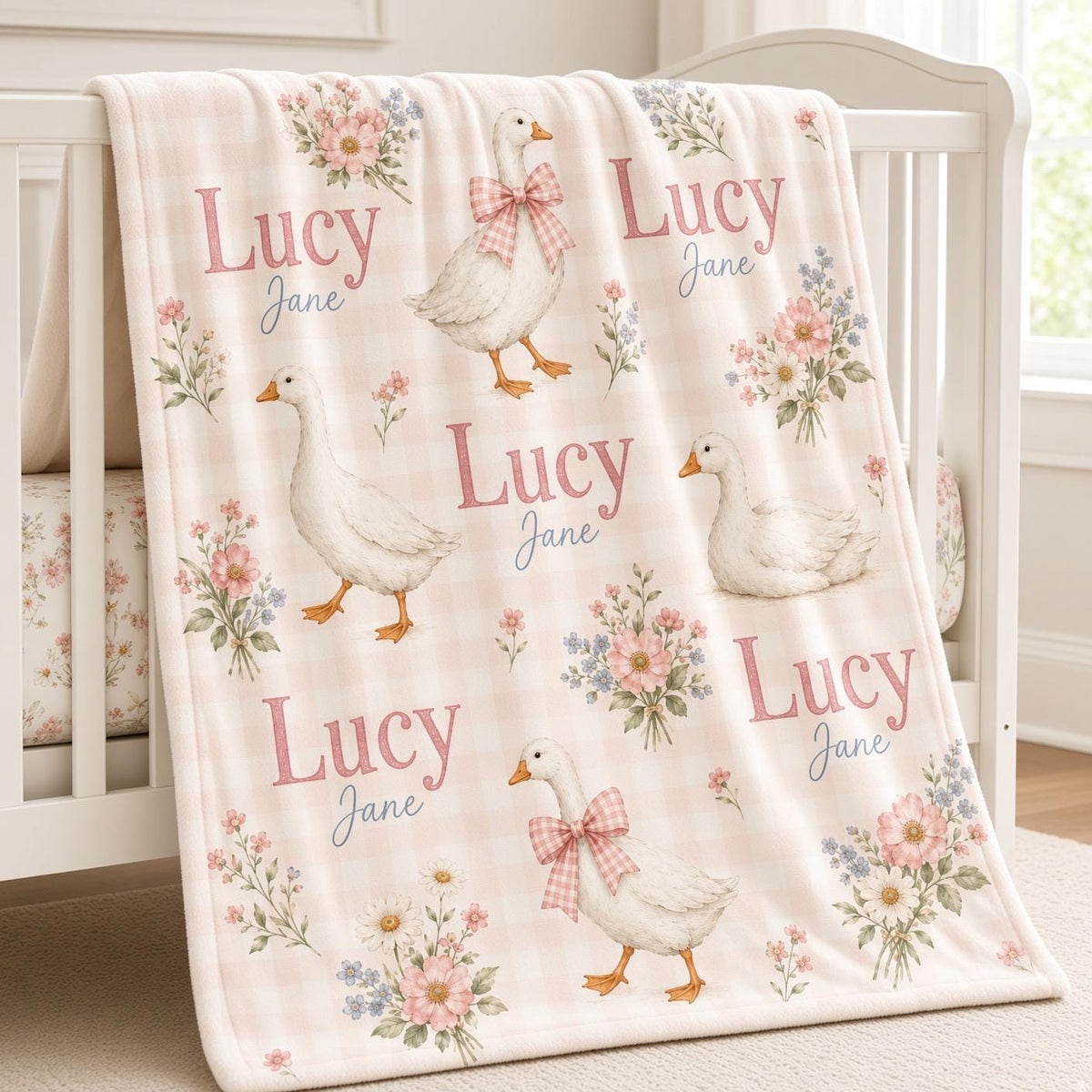 Personalized Goose Baby Blanket, Custom Name Girl Blanket, Pink Gingham Nursery Decor, Floral Newborn Baby Shower Gift
