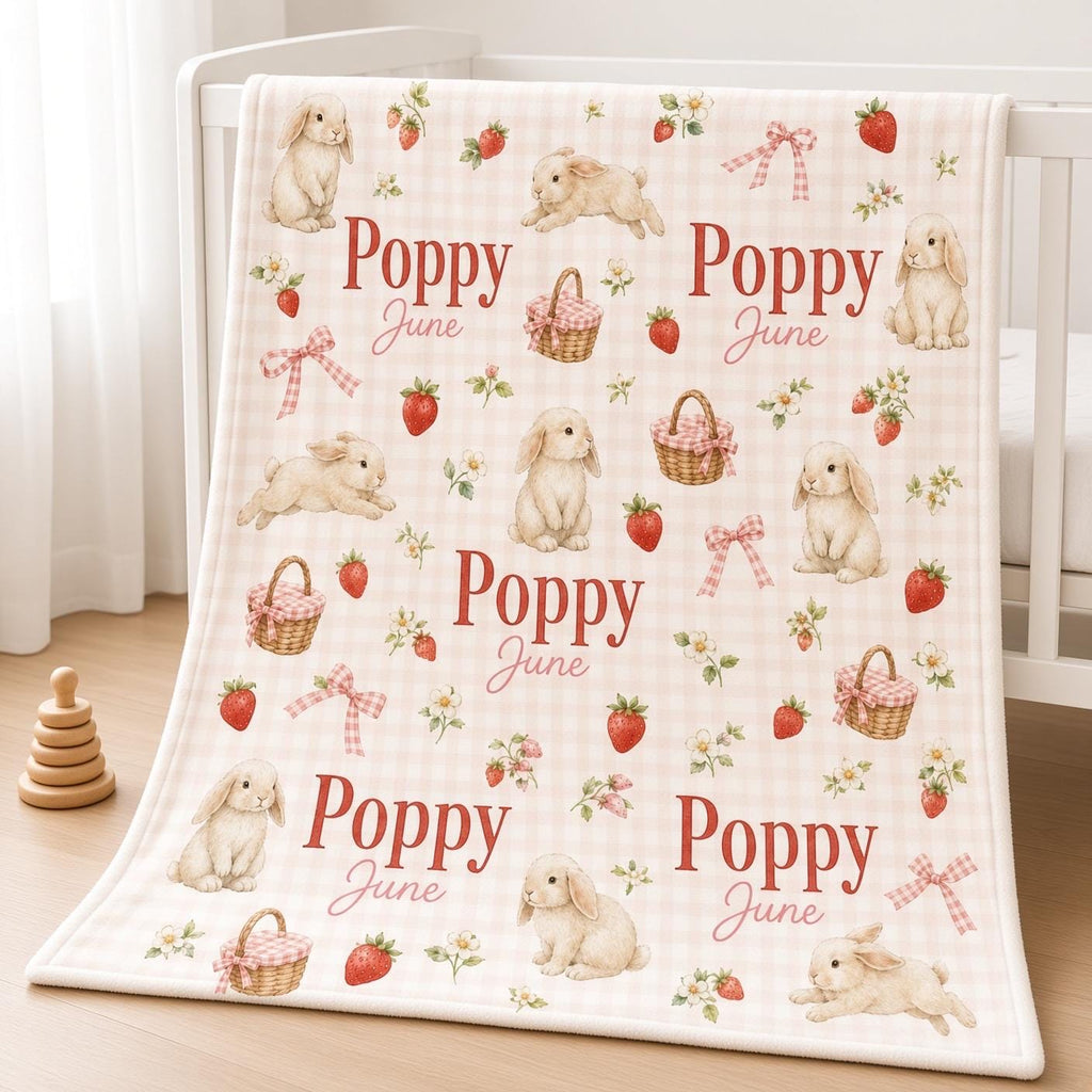 Personalized Bunny Baby Blanket, Custom Name Strawberry Blanket, Pink Gingham Girl Nursery Decor, Rabbit Newborn Baby Shower 