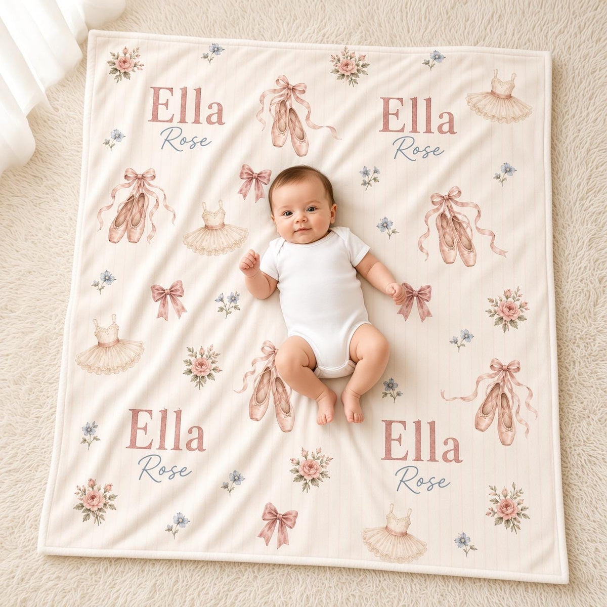 Personalized Ballerina Baby Blanket, Custom Name Ballet Blanket, Pink Floral Girl Nursery Decor, Dancer Baby Shower Gift