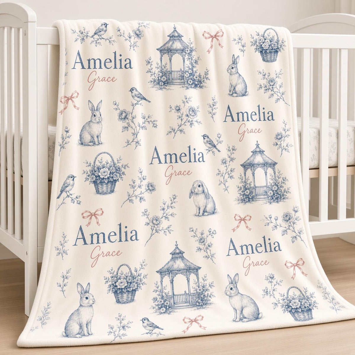 Personalized Baby Girl Blanket, Custom Name Blue Toile Blanket, French Country Bunny Nursery Decor, Floral Newborn Baby Showe