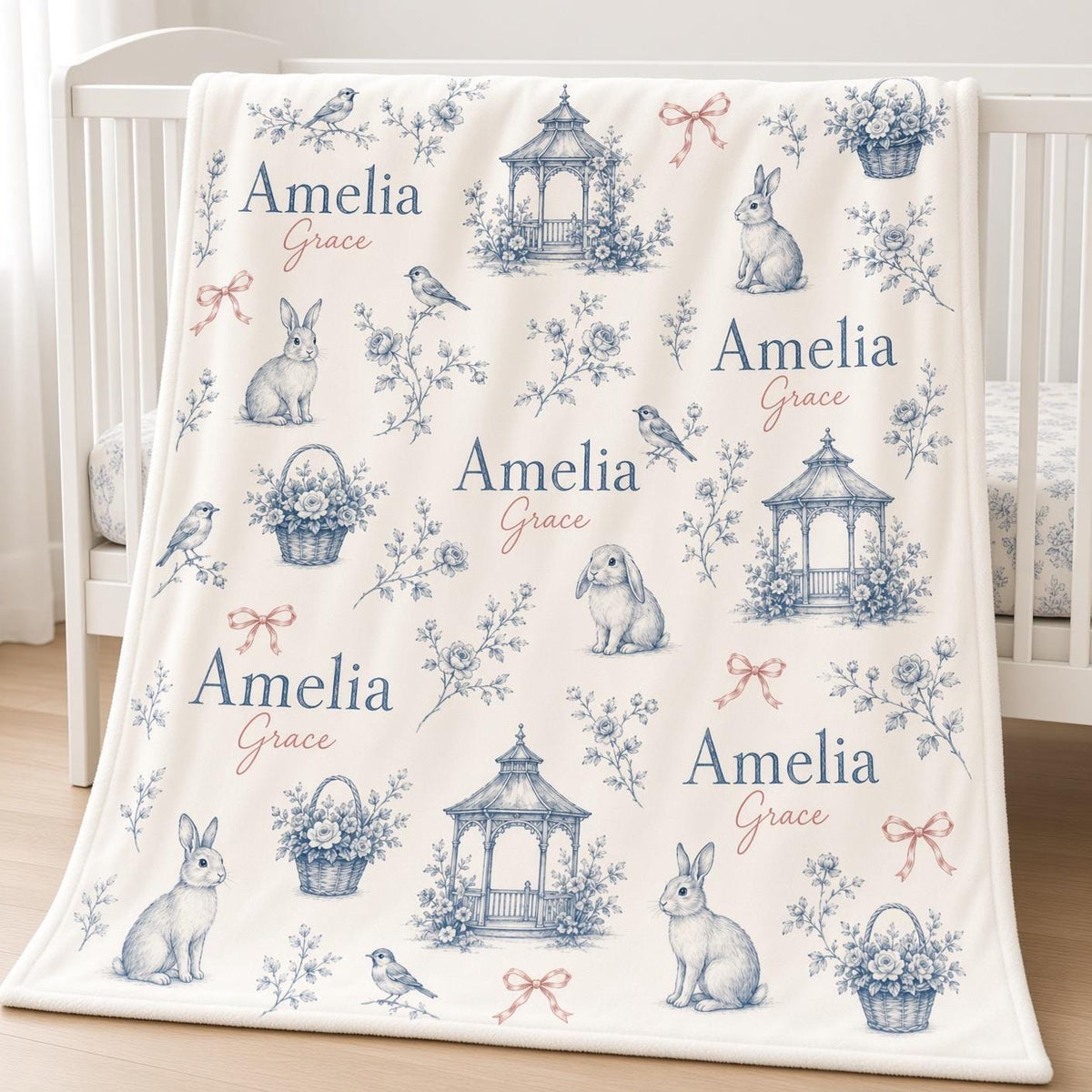 Personalized Baby Girl Blanket, Custom Name Blue Toile Blanket, French Country Bunny Nursery Decor, Floral Newborn Baby Showe