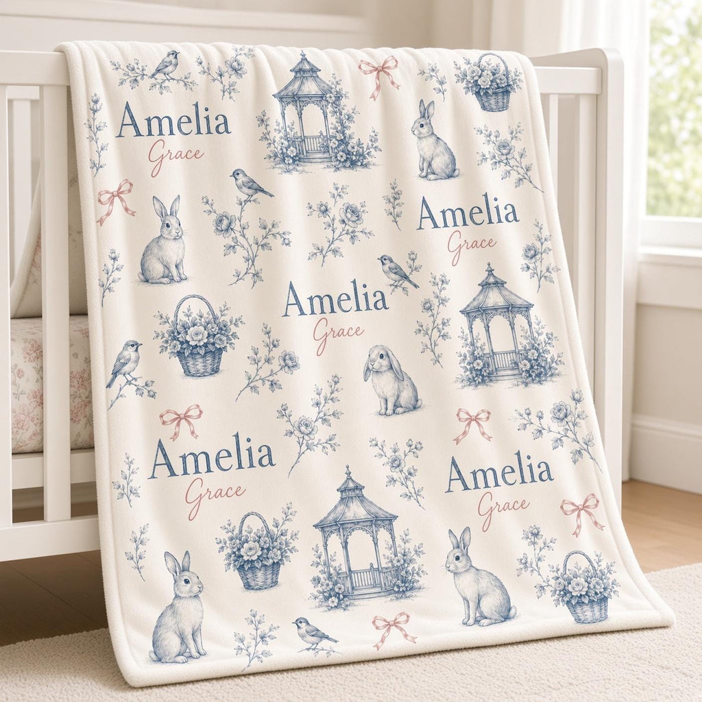 Personalized Baby Girl Blanket, Custom Name Blue Toile Blanket, French Country Bunny Nursery Decor, Floral Newborn Baby Showe