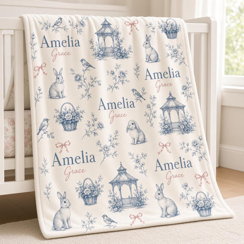 Personalized Baby Girl Blanket, Custom Name Blue Toile Blanket, French Country Bunny Nursery Decor, Floral Newborn Baby Showe