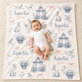 Personalized Baby Girl Blanket, Custom Name Blue Toile Blanket, French Country Bunny Nursery Decor, Floral Newborn Baby Showe