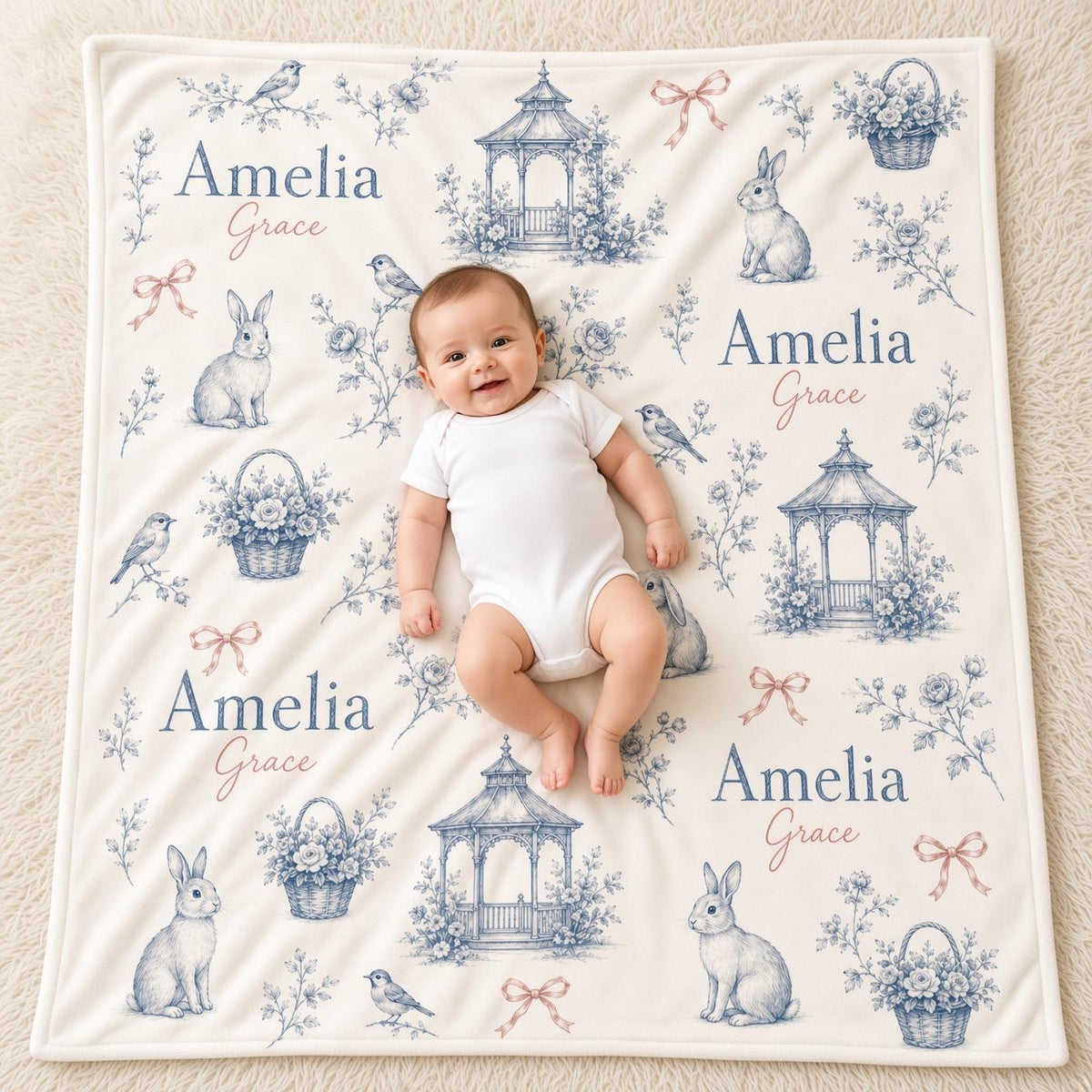 Personalized Baby Girl Blanket, Custom Name Blue Toile Blanket, French Country Bunny Nursery Decor, Floral Newborn Baby Showe