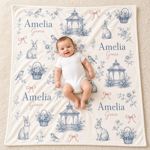 Personalized Baby Girl Blanket, Custom Name Blue Toile Blanket, French Country Bunny Nursery Decor, Floral Newborn Baby Showe