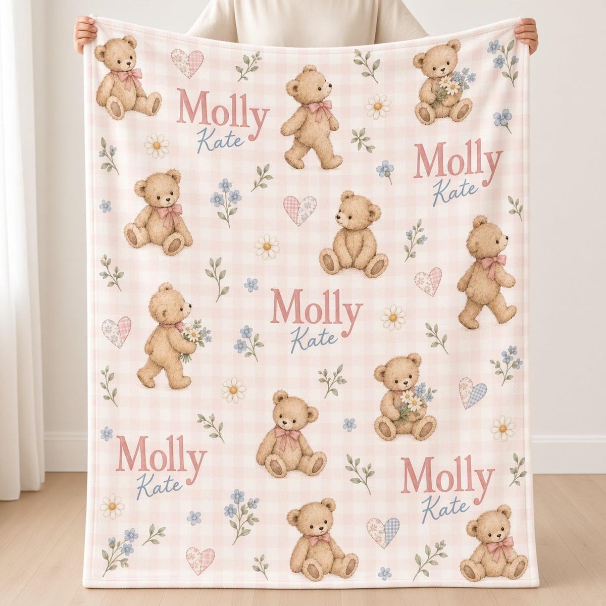 Personalized Teddy Bear Baby Blanket, Custom Name Girl Blanket, Pink Gingham Nursery Decor, Floral Newborn Baby Shower Gift