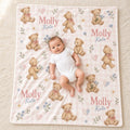 Personalized Teddy Bear Baby Blanket, Custom Name Girl Blanket, Pink Gingham Nursery Decor, Floral Newborn Baby Shower Gift