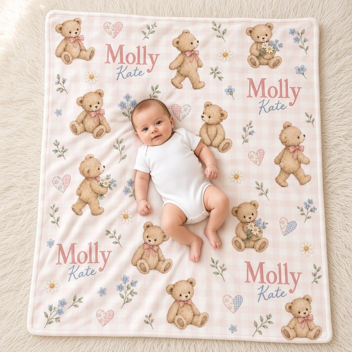 Personalized Teddy Bear Baby Blanket, Custom Name Girl Blanket, Pink Gingham Nursery Decor, Floral Newborn Baby Shower Gift