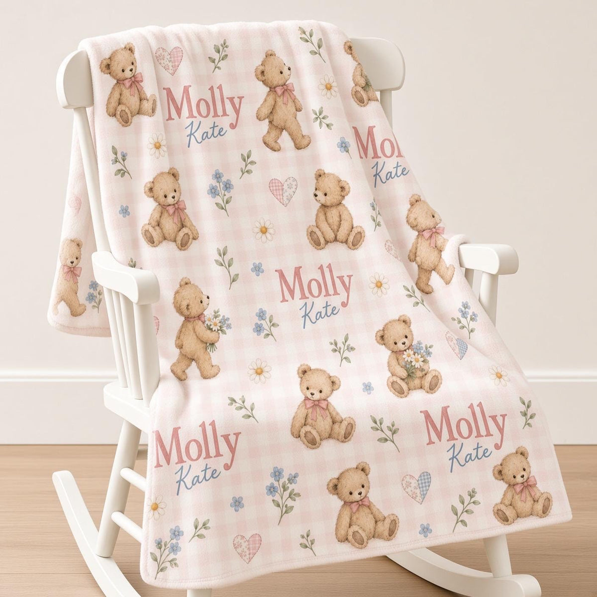 Personalized Teddy Bear Baby Blanket, Custom Name Girl Blanket, Pink Gingham Nursery Decor, Floral Newborn Baby Shower Gift