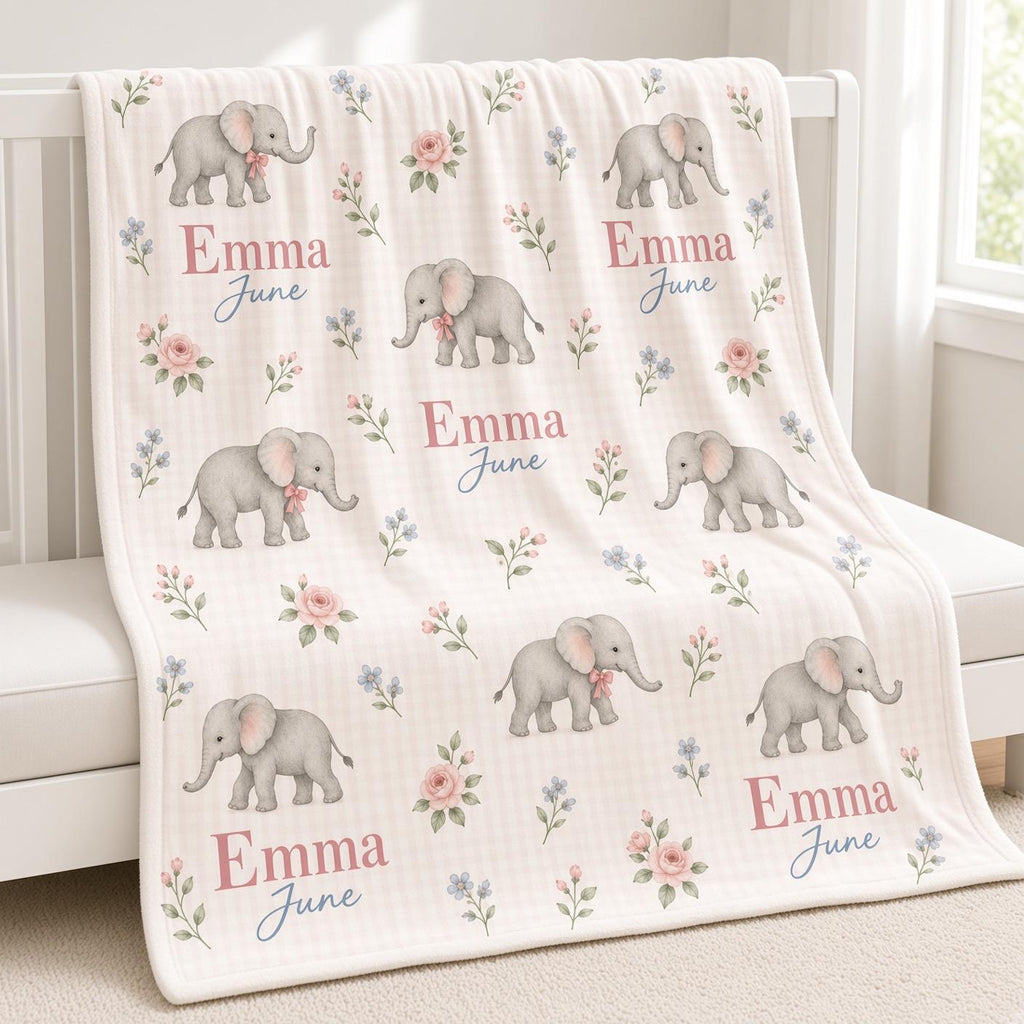 Personalized Elephant Baby Blanket, Custom Name Girl Blanket, Pink Floral Safari Nursery Decor, Newborn Baby Shower Gift