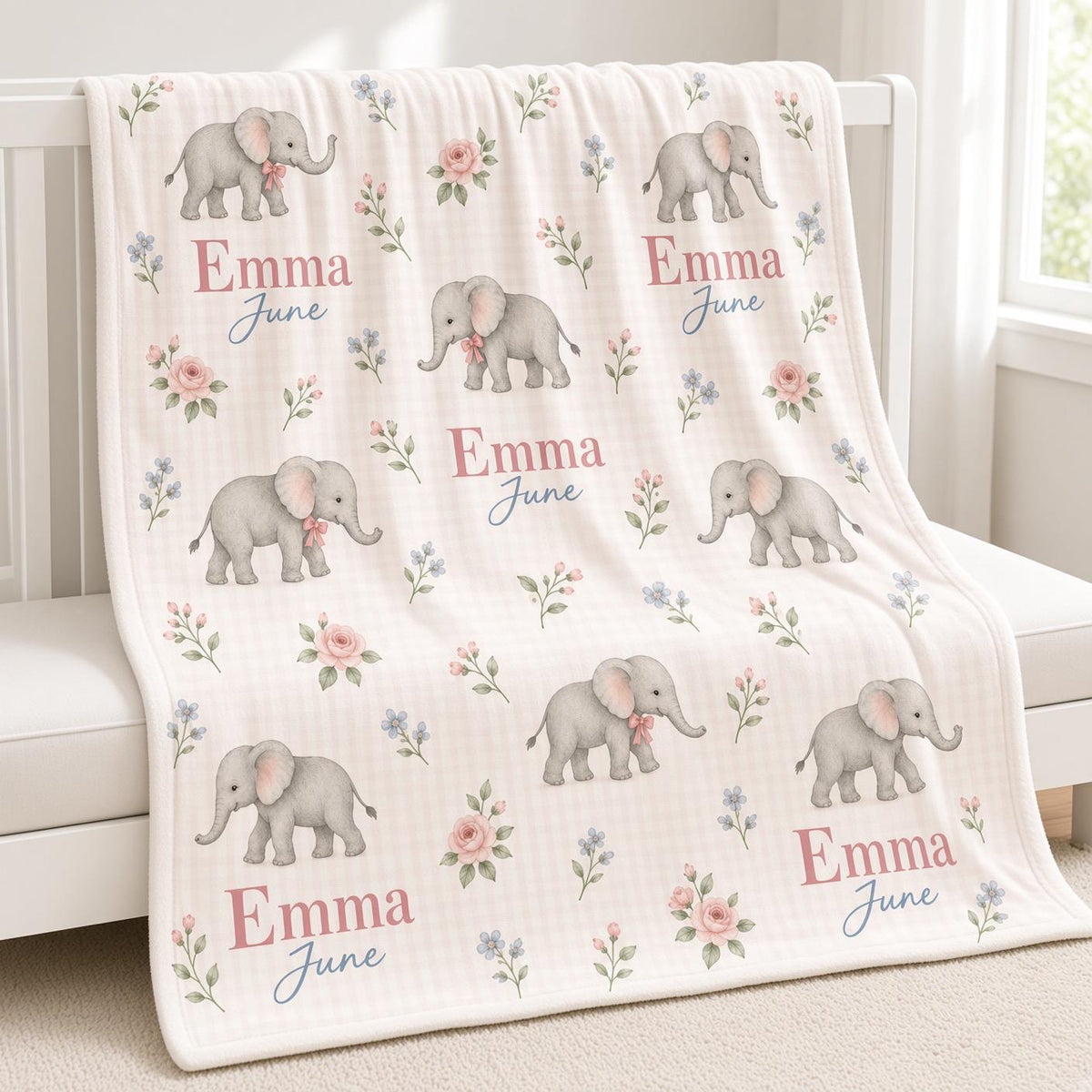 Personalized Elephant Baby Blanket, Custom Name Girl Blanket, Pink Floral Safari Nursery Decor, Newborn Baby Shower Gift