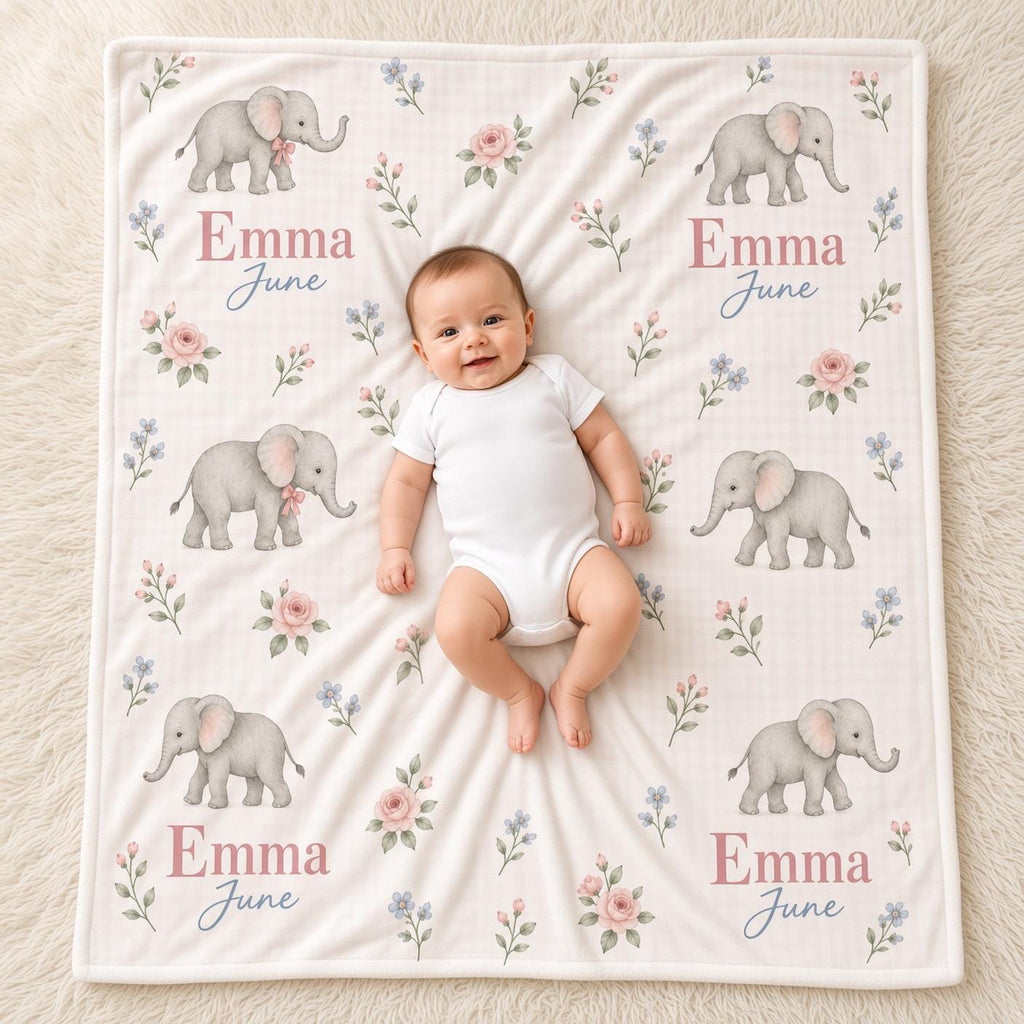 Personalized Elephant Baby Blanket, Custom Name Girl Blanket, Pink Floral Safari Nursery Decor, Newborn Baby Shower Gift
