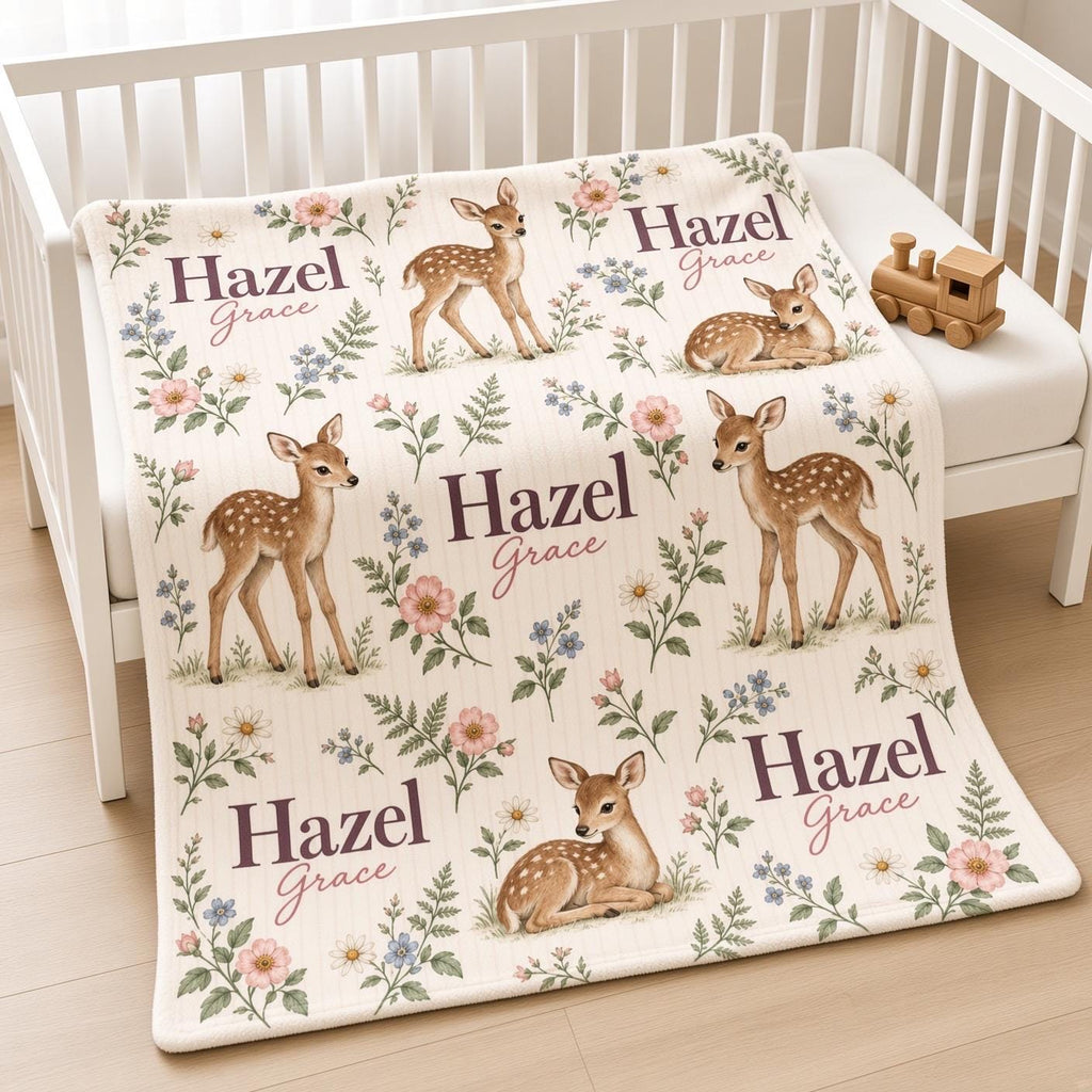 Personalized Fawn Baby Blanket, Custom Name Woodland Deer Blanket, Floral Girl Nursery Decor, Newborn Baby Shower Gift