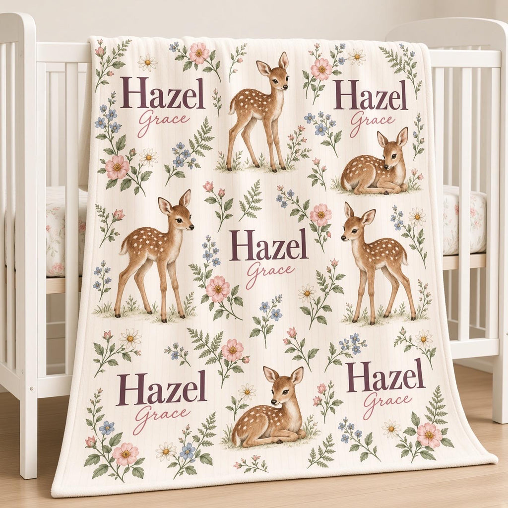 Personalized Fawn Baby Blanket, Custom Name Woodland Deer Blanket, Floral Girl Nursery Decor, Newborn Baby Shower Gift