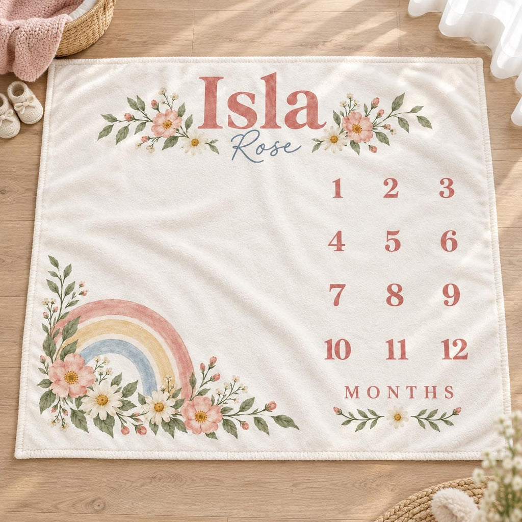 Personalized Baby Milestone Blanket, Monthly Baby Girl Blanket, Custom Name Rainbow Wildflower Newborn Baby Shower Gift