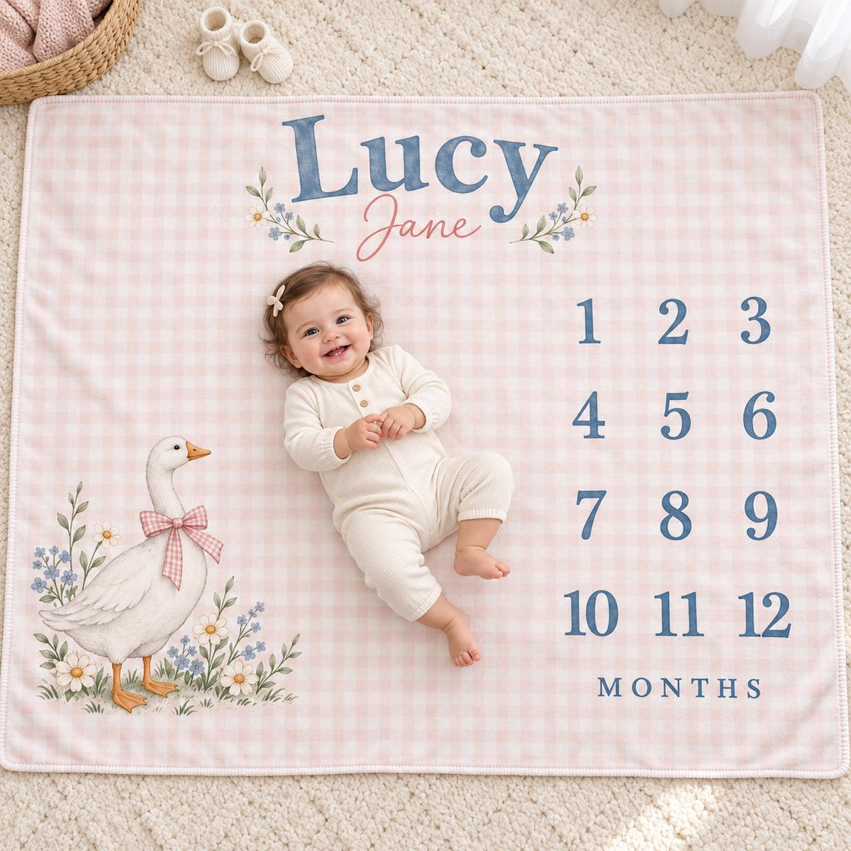 Personalized Baby Girl Milestone Blanket, Monthly Goose Blanket, Custom Name Pink Gingham Nursery Newborn Baby Shower Gift