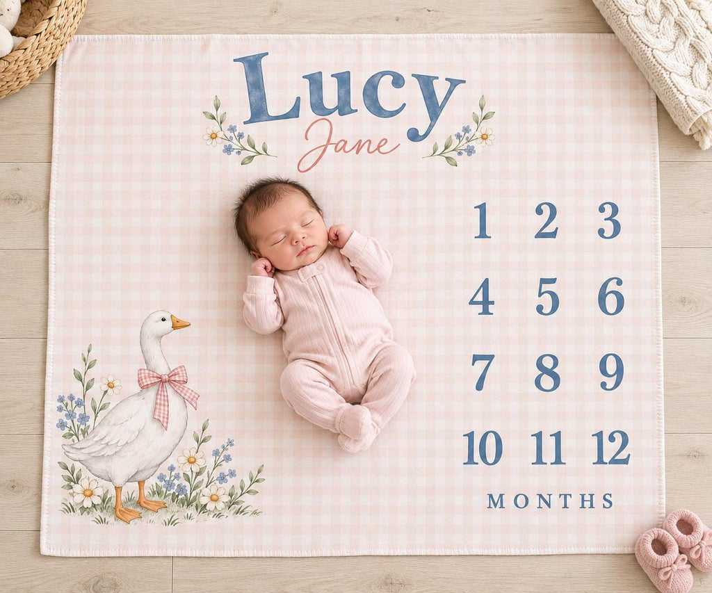 Personalized Baby Girl Milestone Blanket, Monthly Goose Blanket, Custom Name Pink Gingham Nursery Newborn Baby Shower Gift