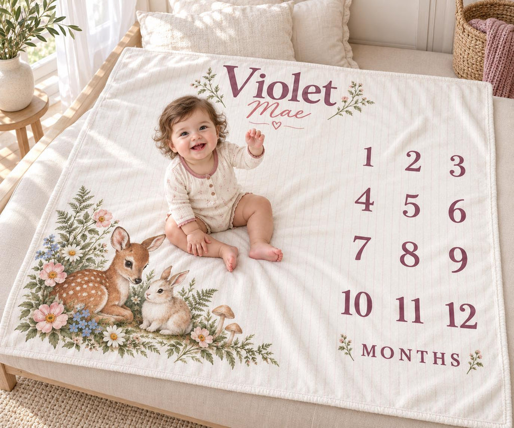 Personalized Baby Girl Milestone Blanket, Monthly Fawn Bunny Blanket, Custom Name Woodland Nursery Baby Shower Gift