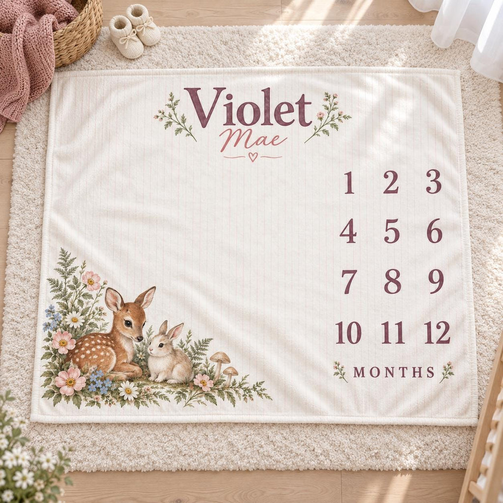 Personalized Baby Girl Milestone Blanket, Monthly Fawn Bunny Blanket, Custom Name Woodland Nursery Baby Shower Gift