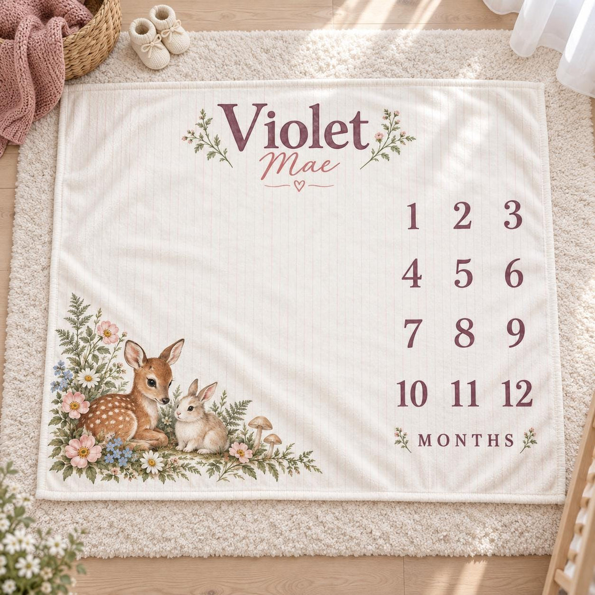 Personalized Baby Girl Milestone Blanket, Monthly Fawn Bunny Blanket, Custom Name Woodland Nursery Baby Shower Gift
