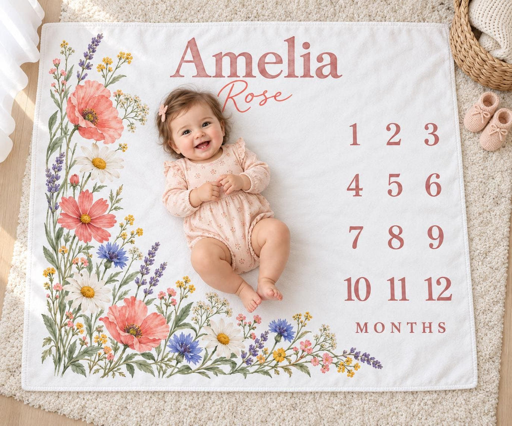 Personalized Baby Girl Milestone Blanket, Monthly Wildflower Blanket, Custom Name Floral Newborn Baby Shower Gift