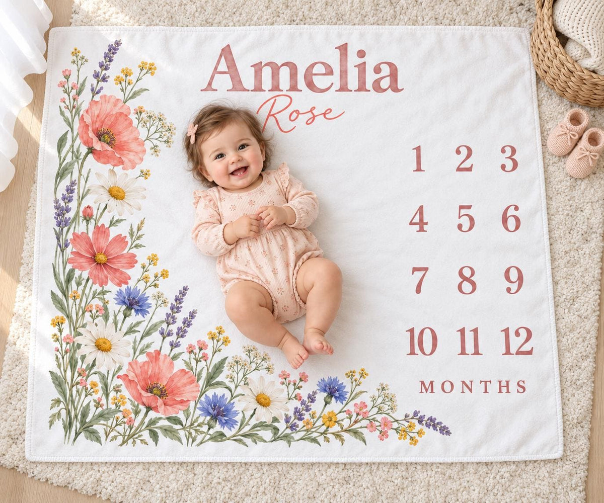 Personalized Baby Girl Milestone Blanket, Monthly Wildflower Blanket, Custom Name Floral Newborn Baby Shower Gift