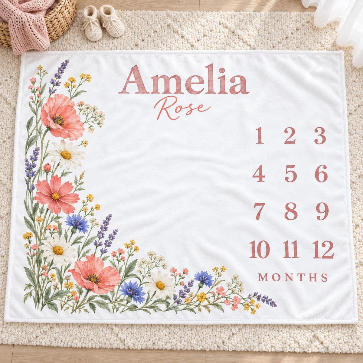 Personalized Baby Girl Milestone Blanket, Monthly Wildflower Blanket, Custom Name Floral Newborn Baby Shower Gift
