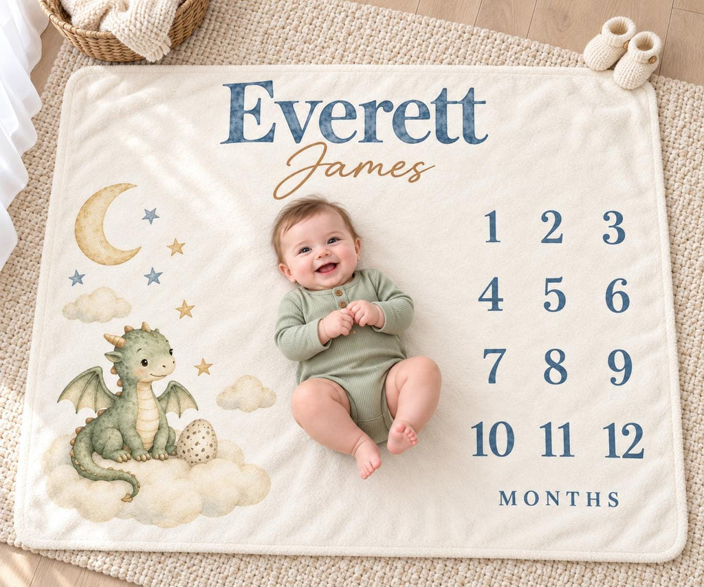 Personalized Baby Boy Milestone Blanket, Monthly Baby Dragon Blanket, Custom Name Celestial Nursery Newborn Baby Shower Gift