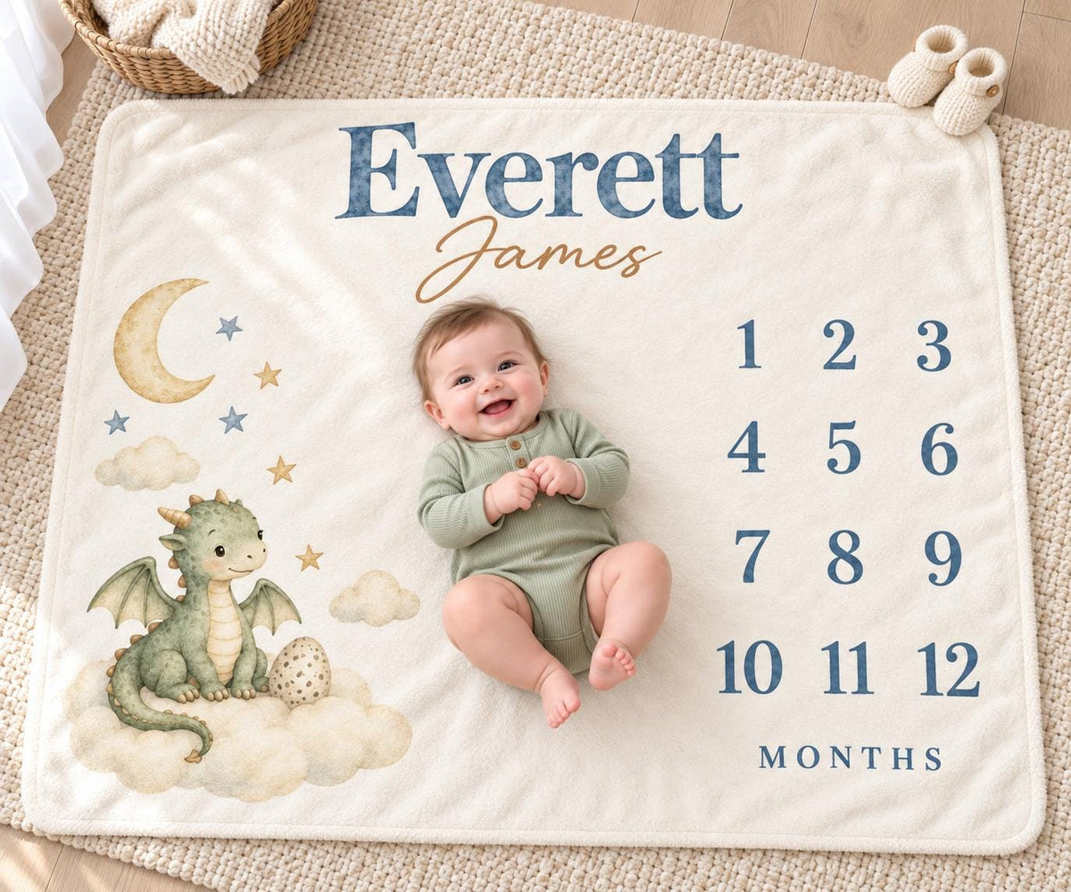 Personalized Baby Boy Milestone Blanket, Monthly Baby Dragon Blanket, Custom Name Celestial Nursery Newborn Baby Shower Gift
