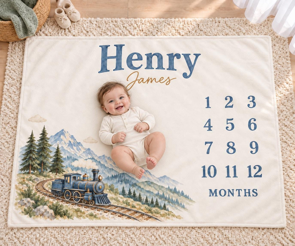 Personalized Baby Boy Milestone Blanket, Monthly Vintage Train Blanket, Custom Name Mountain Nursery Newborn Baby Shower Gift
