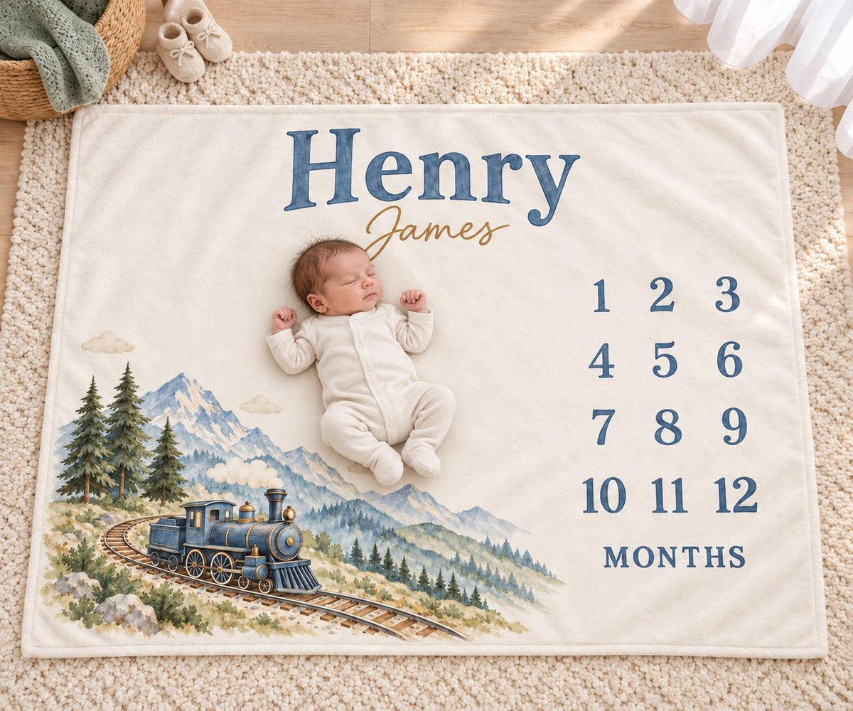 Personalized Baby Boy Milestone Blanket, Monthly Vintage Train Blanket, Custom Name Mountain Nursery Newborn Baby Shower Gift