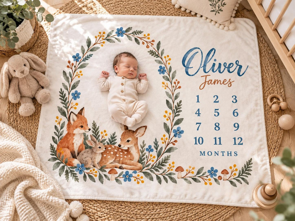 Personalized Woodland Milestone Blanket, Custom Baby Name Blanket, Monthly Milestone Blanket, Forest Nursery Decor, Baby Chri