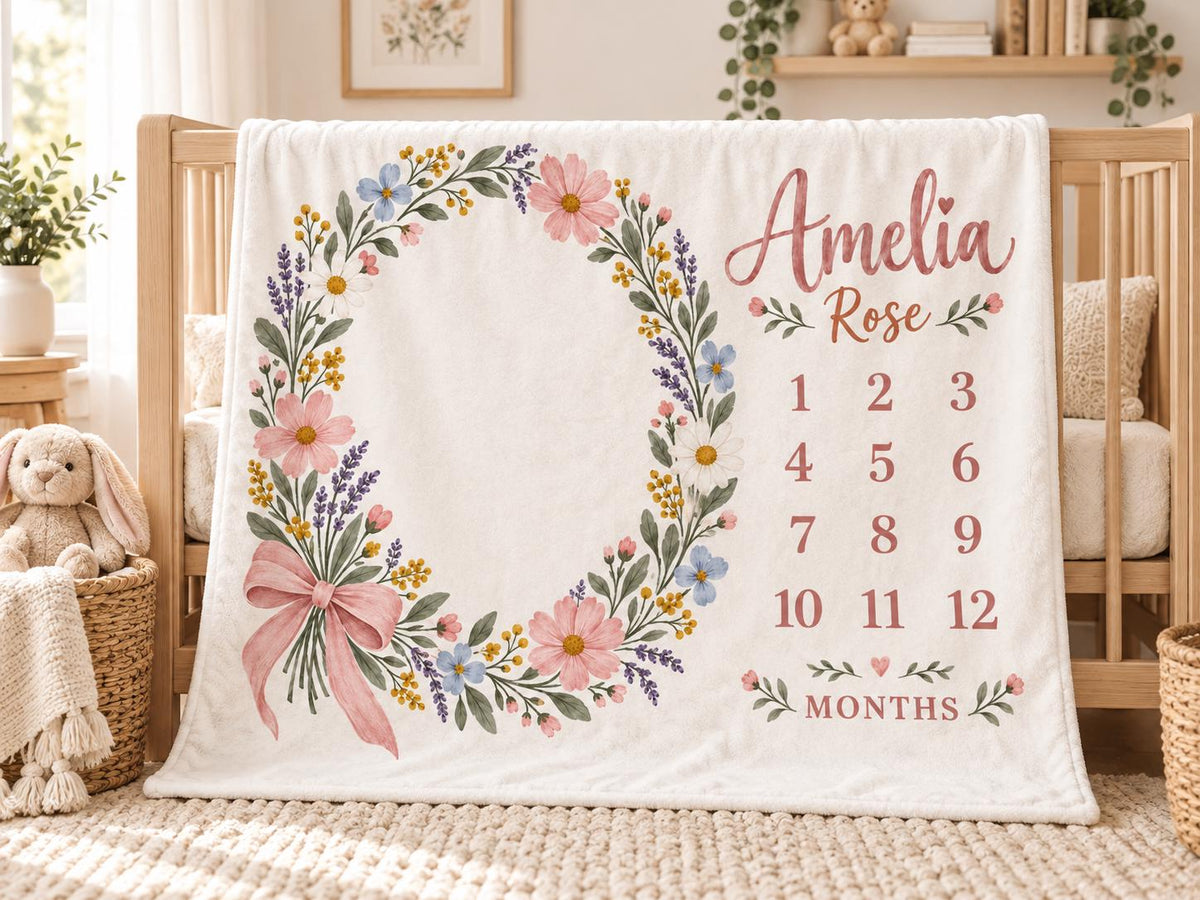 Personalized Floral Milestone Blanket, Custom Baby Girl Name Blanket, Monthly Milestone Blanket, Wildflower Baby Gift, Baby C
