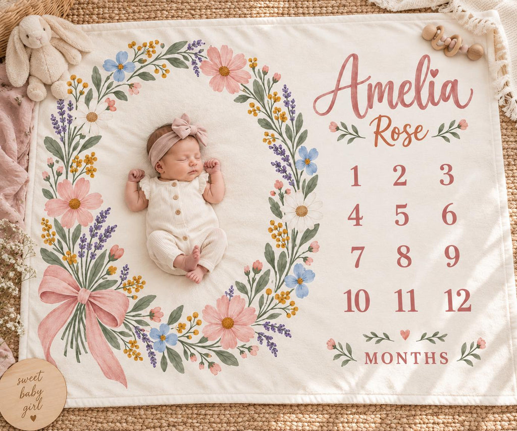 Personalized Floral Milestone Blanket, Custom Baby Girl Name Blanket, Monthly Milestone Blanket, Wildflower Baby Gift, Baby C