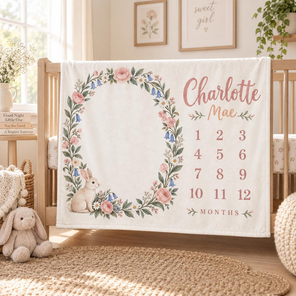 Personalized Bunny Milestone Blanket, Floral Baby Girl Blanket, Custom Name Monthly Milestone Blanket, Baby Shower Gift, Baby
