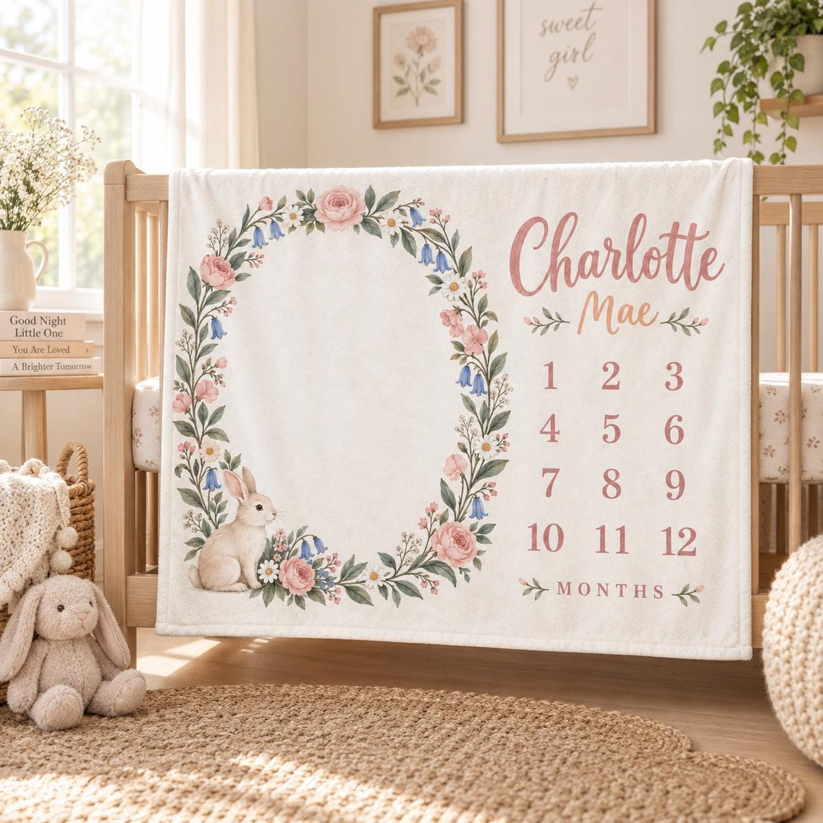 Personalized Bunny Milestone Blanket, Floral Baby Girl Blanket, Custom Name Monthly Milestone Blanket, Baby Shower Gift, Baby